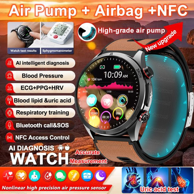 GUHUAVMI Smartwatch für Männer mit AI-Diagnose, EKG, Blutdruck- und Harnsäuremessung, NFC und Anruffunktion in Schwarz oder Rot - Bild 1
