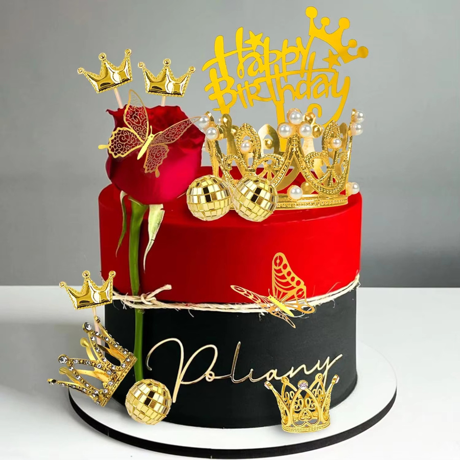 37-teiliges Set goldene Kuchenaufsätze mit Kronen, Schmetterlingen und Discokugeln zur Dekoration für Hochzeit, Geburtstag und Party - Bild 3