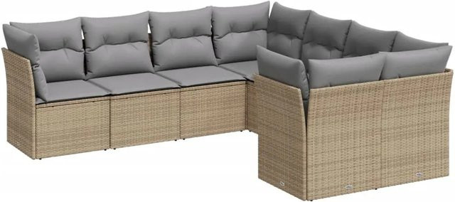 vidaXL 8-tlg Garten-Sofagarnitur in L-Form aus Polyrattan mit Kissen und Stauraum, Beige - Bild 1