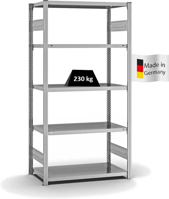 PROREGAL Fachbodenregal Stecksystem T-Profil Medium-Duty Grundregal, verzinkt, Farbe: Silber, H x B x T: 200 x 100 x 50 cm, 5 Ebenen, Fachlast 230 kg, beidseitig nutzbar - Bild 1