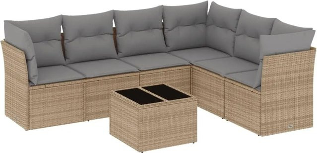 vidaXL 7-teilige Garten-Sofagarnitur in L-Form aus Poly-Rattan mit Kissen und Stauraum, Beige-grau - Bild 1