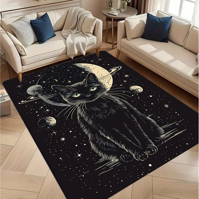 VIKAMA Schwarzer Katzen-Teppich mit Himmelsdesign, rutschfester und waschbarer Teppich für Wohnzimmer und Kinderzimmer - Bild 1
