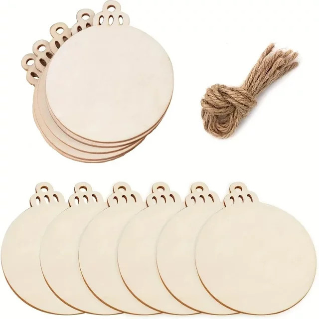 10 Stück runde Holzscheiben aus Naturholz mit vorgebohrter Öffnung und Schnur für DIY Bastelarbeiten und Weihnachtsdekoration in Beige - Bild 1