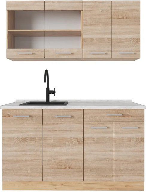 Vicco R-Line Single Küche Sonoma Goldkraft Eiche mit Marmor Optik, Breite: 140 cm - Bild 1