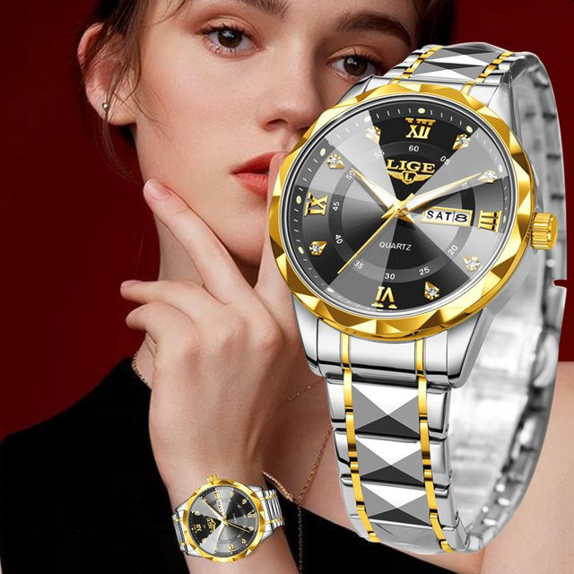 LIGE Armbanduhr, Quarz, Edelstahl, Diamantbesetzt, Schwarz, Damen - Bild 1