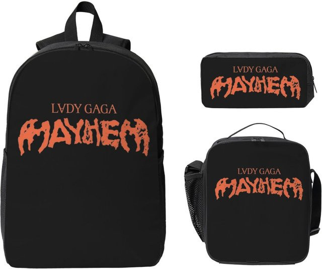3-teiliges Lady Gaga Mayhem Schultaschen-Set von Fancy Style Studio in Schwarz mit Rucksack, Federmäppchen und Brotdose für Kinder - Bild 1