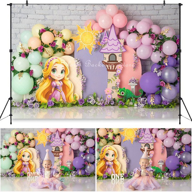Silovia Fotohintergrund Tangled Tower Prinzessin mit Schloss, Ballons und Blumen in Multicolour - Bild 1