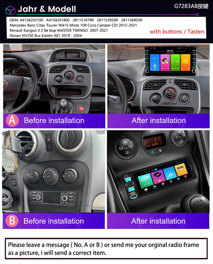 Navinio Android Autoradio mit Carplay, GPS-Navigation und Rückfahrkamera in Schwarz für Mercedes Benz Citan Tourer W415 Mixto 109 Micro Camper und Renault Kangoo - Bild 1