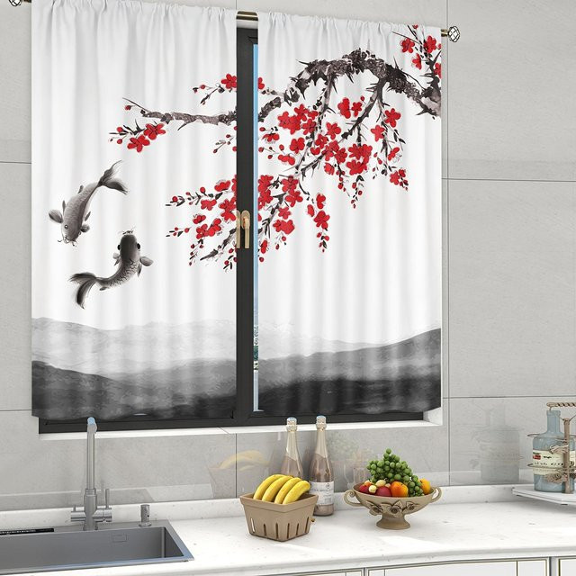 A Family Of Home Textiles 2er-Set Japanische Kirschblüten und Mond Vorhänge, Weiß, Semi-transparent, B: 50 cm, H: 50 cm - Bild 1