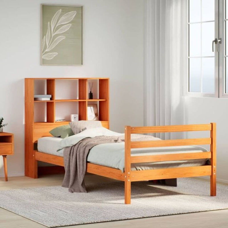 Massivholzbett aus Kiefer mit Regal von Vidaxl in Braun, B/T/H: 190 x 75 x 110 cm - Bild 1