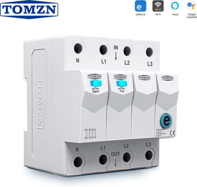 TOMZN WLAN Smart-Leistungsschalter 3P+N 3-Phasen 63A mit EWeLink App, 3 Relais, Zeitschaltuhr und Einschalt-/Ausschaltverzögerung, Farbe: Weiß, DIN-Schiene Montage - Bild 1