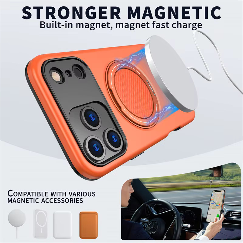 Magnetische Panzerhülle mit 360 Grad Metallringhalter für Apple iPhone 16 E in Schwarz oder Orange - Bild 2