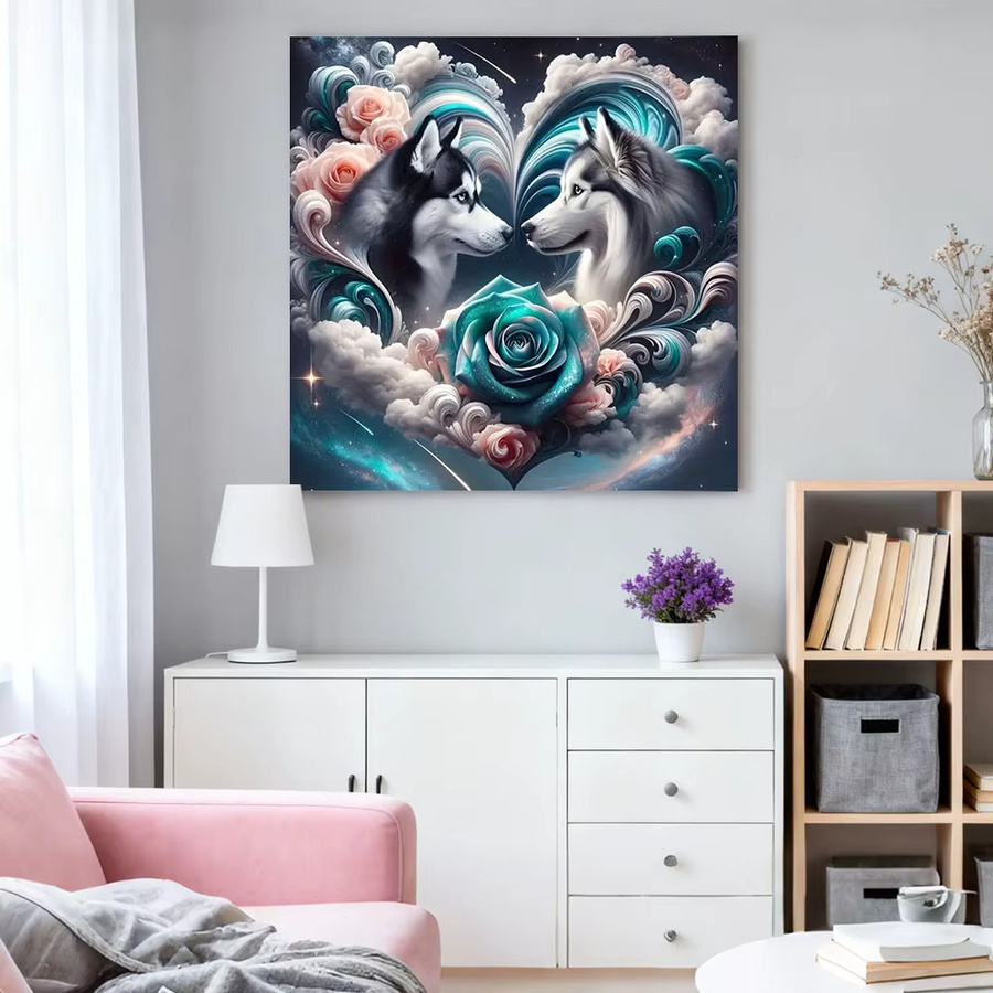 HUACAN Diamantmalerei Set mit Wolf und Blumen Motiv, Rundbohrer Mosaik-Set in Multicolour, Wanddeko - Bild 3