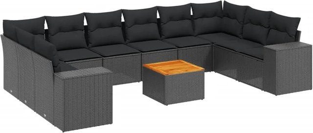 vidaXL 11-tlg Garten-Sofagarnitur in U-Form aus Polyrattan und Akazienholz mit Kissen, Schwarz - Bild 1