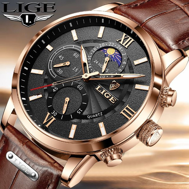 LIGE Armbanduhr Leder, Quarz, Schwarz, Roségold, Herren - Bild 1