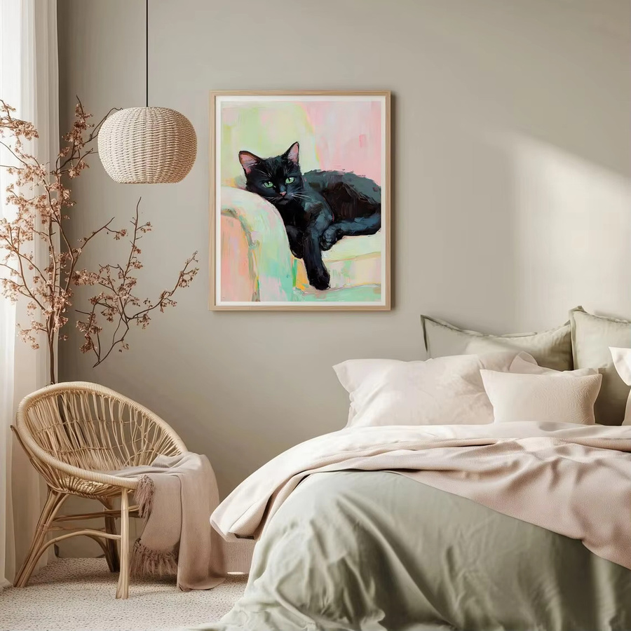 Impressionistischer Wanddruck von SHENCHEN mit schwarzer Katze und grünen Augen als strukturiertes Ölgemälde auf Papierposter in Schwarz und Multicolour - Bild 3