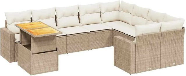 vidaXL 10-teilige Garten-Sofagarnitur in L-Form aus Polyrattan und Akazienholz mit Kissen in Beige-creme - Bild 1