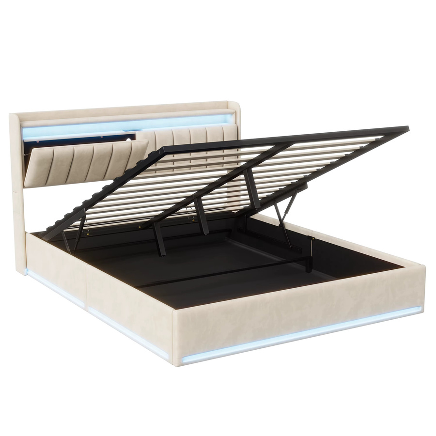 Roshanda Polsterbett mit LED, USB-Anschluss und Stauraum, Samt, Grau, B/T/H: 140 x 190 x 200 cm - Bild 3