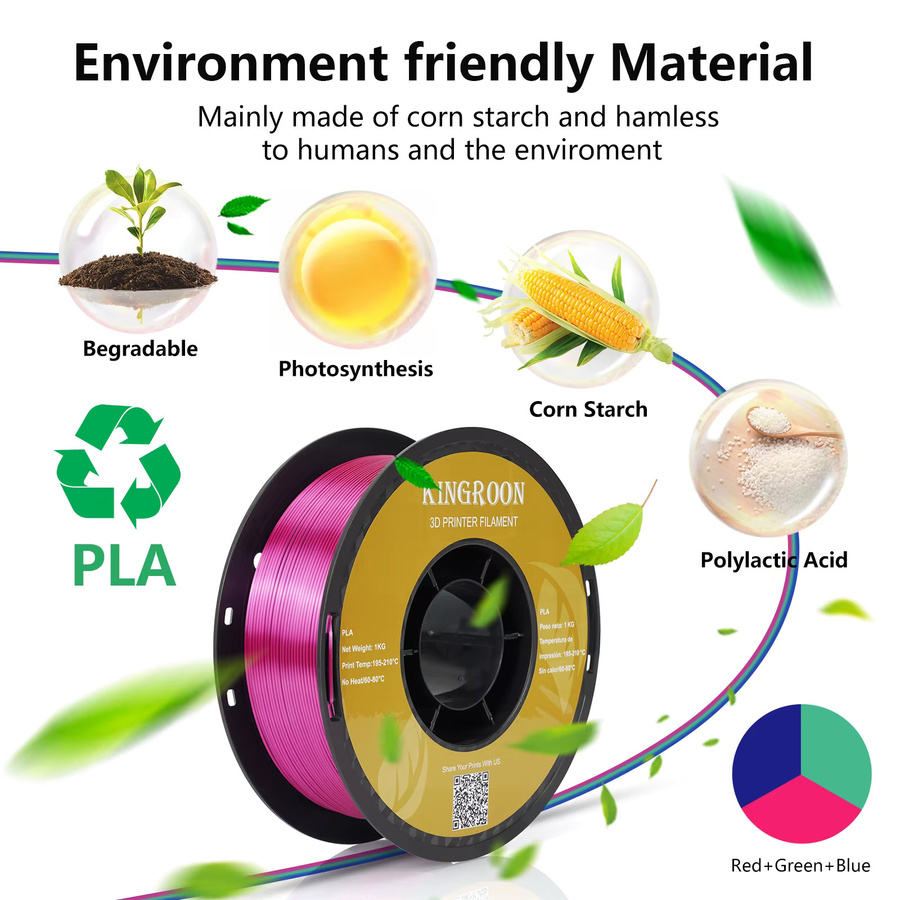 KINGROON Seiden-PLA-Filament Mehrfarbig 1,75 mm 1 kg Spule für FDM 3D-Drucker - Bild 5