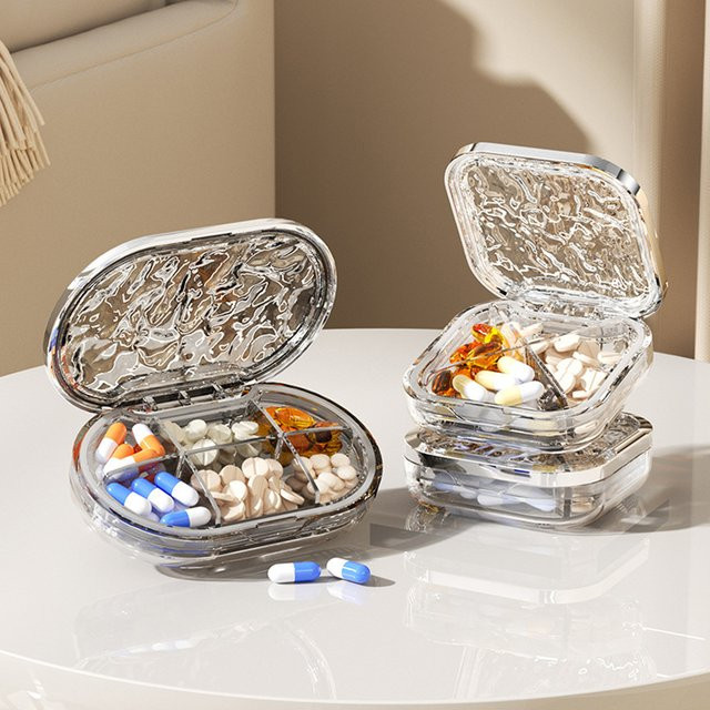 Untior Water Ripple Pillendose Organizer für die Reise in Grau und Transparent mit 4 oder 6 Fächern - Bild 1