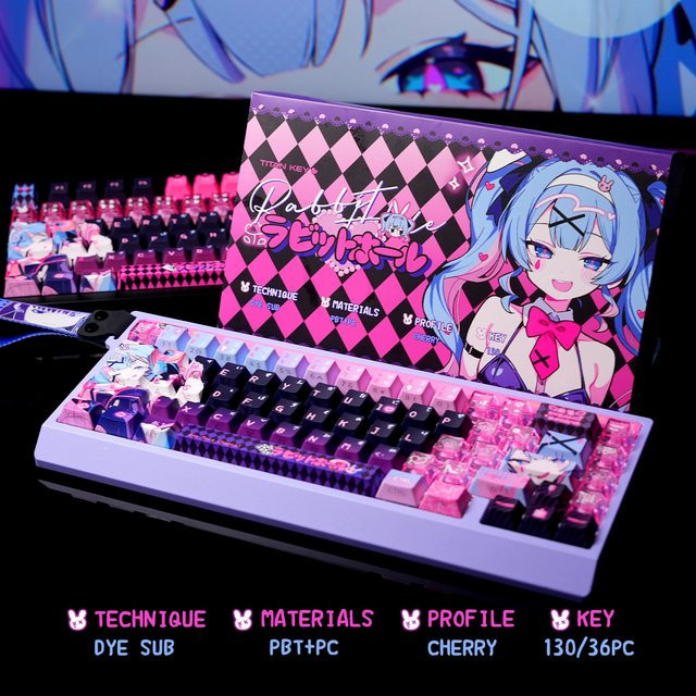 PBT Kaninchenloch-Tastenkappen mit Kirsch-Design und seitlicher Gravur, durchscheinend, Schwarz und Rosa, für Alice Iso-Layout, 2,25/2,75 HE - Bild 1