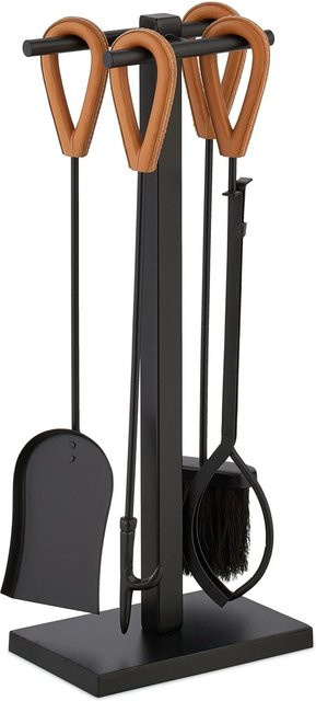 Relaxdays Kaminbesteck 5-teilig aus Metall in Schwarz mit Büffelledergriffen, Länge: 62 cm - Bild 1