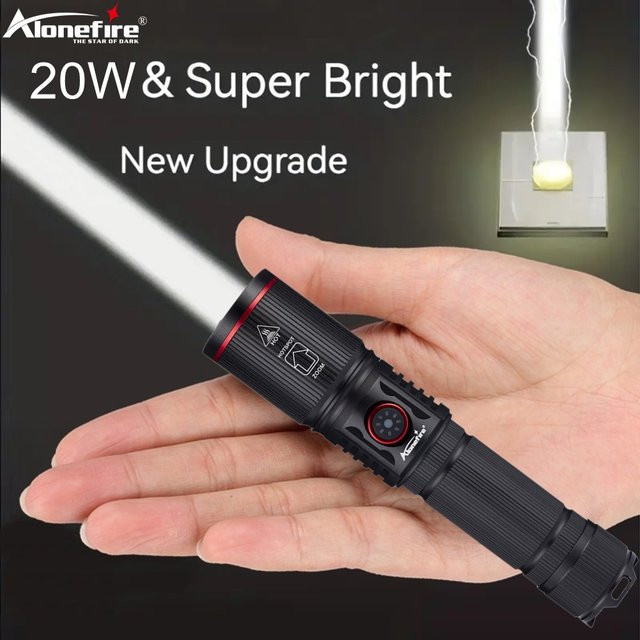 Alonefire 20W Zoom Rundstrahl-LED-Taschenlampe, USB-aufladbare Hochleistungs-Taschenlampe in Schwarz - Bild 1
