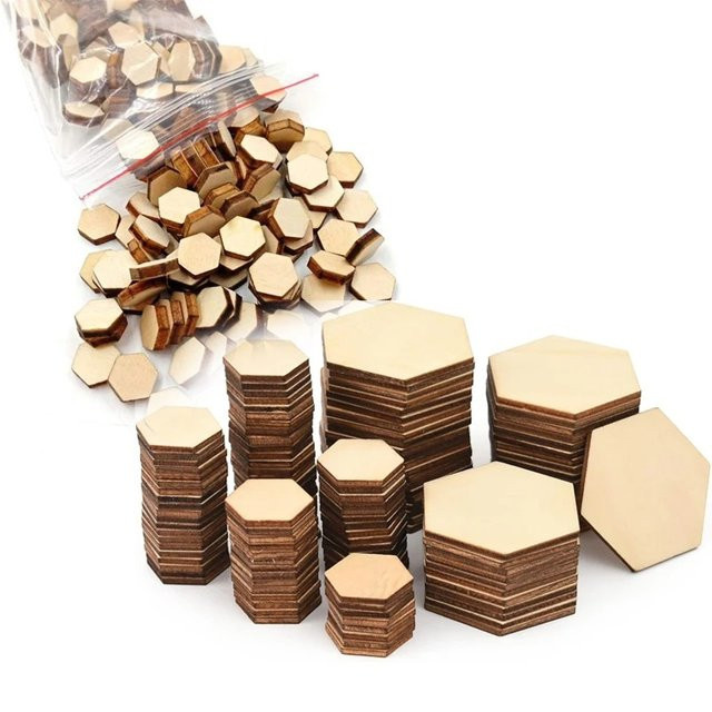 Unlackierte sechseckige Holzscheiben für Bastelarbeiten und Heimdekoration, 100 Stück, Durchmesser: 1 bis 15 cm - Bild 1