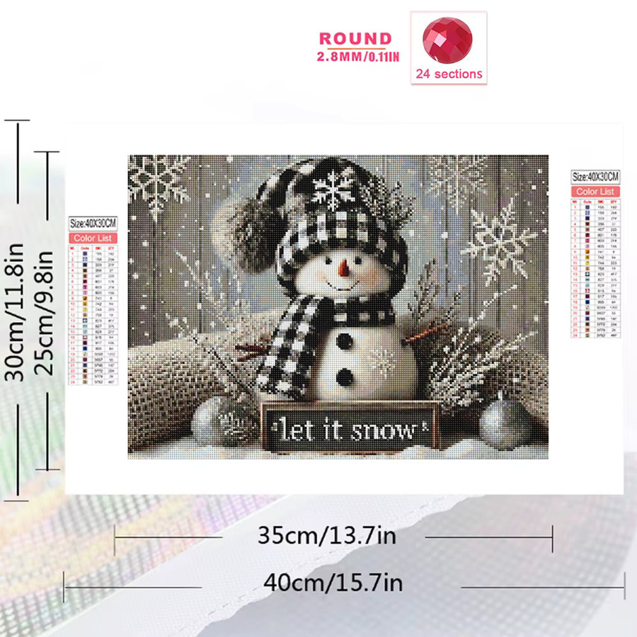 EverShine Diamantmosaik Stickerei Set Schneemann Winter Landschaft DIY Rund, Mehrfarbig, Durchmesser: 30 cm - Bild 2