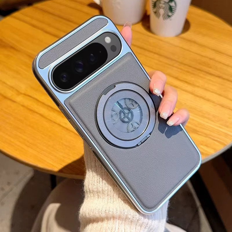 Cyberpunk Stress-Relief Vegane Ledertasche für Google Pixel 10 9 8 Pro XL mit starker magnetischer Absorption und Metallständer in Grau - Bild 2
