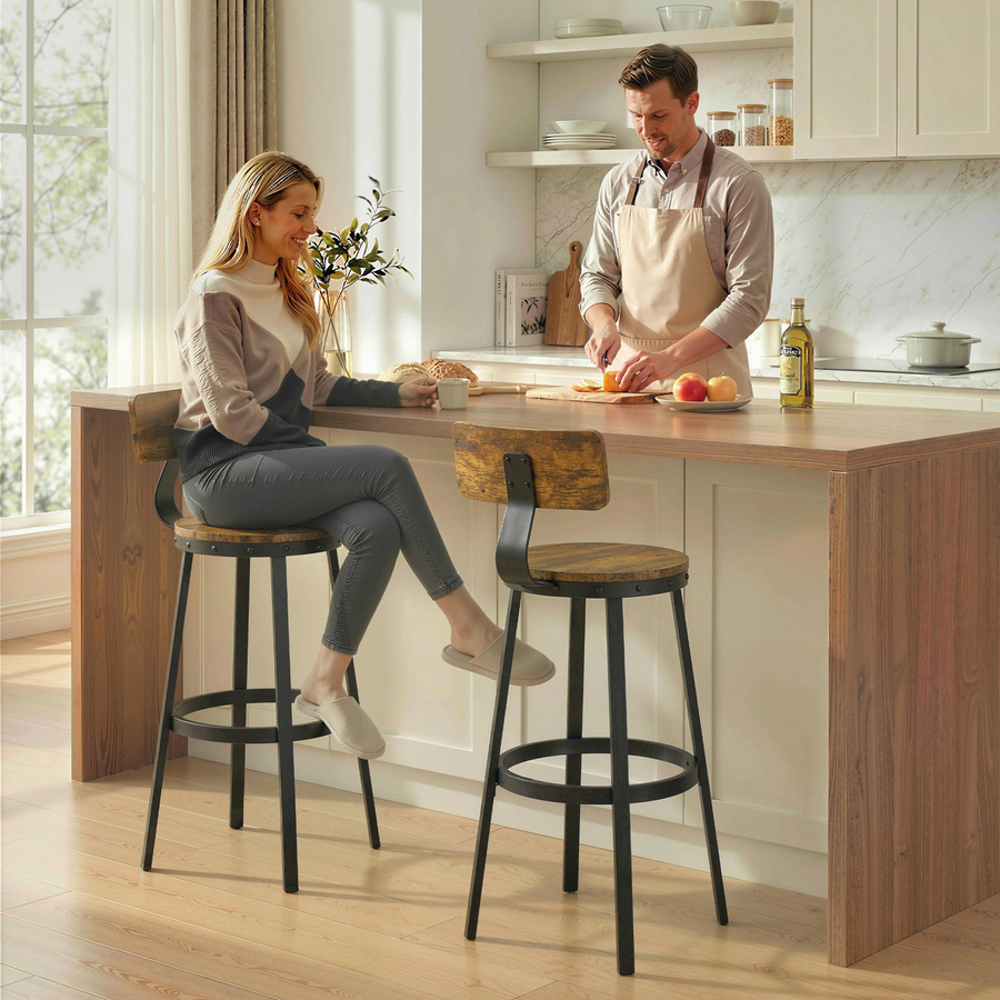 HOMCOM 2er-Set Barhocker in Rustikalem Braun mit Rückenlehne und Fußstütze aus Metall und Kunstleder für Küche und Esszimmer - Bild 2