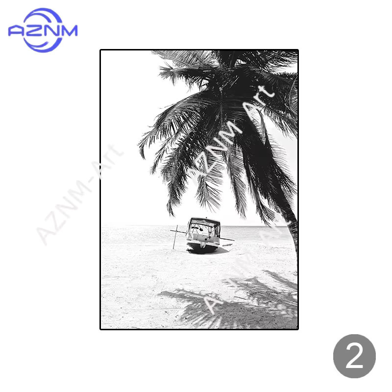 AZNM Leinwandbilder Set Nordische Tropische Palmen in Schwarz-Weiß, Botanische Strand-Poster mit Blättern zur Wanddekoration für dein Wohnzimmer - Bild 2