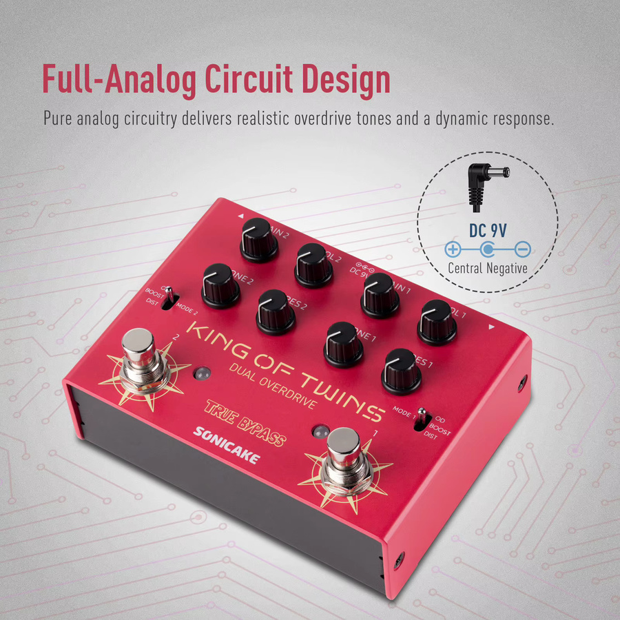 SONICAKE King of Twins QDS-08 Gitarreneffektpedal in Rot mit Overdrive, Boost und Distortion sowie Dual-Channel-Steuerung und True Bypass - Bild 2