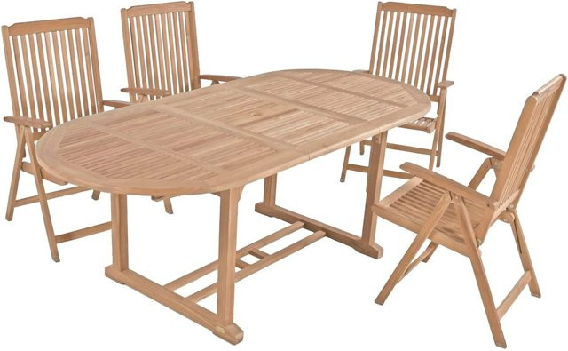 DELUKE Garten-Sitzgruppe MANUEL 5-teiliges Gartenmöbel-Set aus Teakholz in Teakbraun mit ausziehbarem ovalem Esstisch - Bild 1