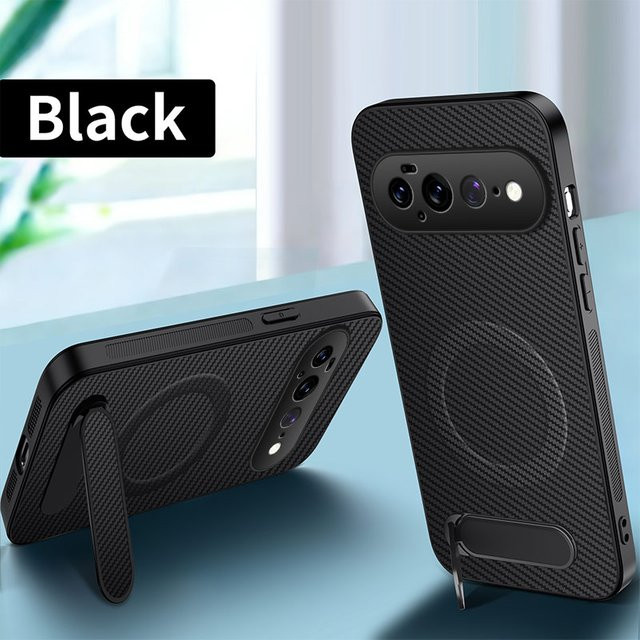 Carbonfaser-Leder-Handyhülle für Google Pixel 11 10 9 Pro XL 8 Pro 7 Pro 8A 7A 6A mit magnetischer kabelloser Ladehalterung in Schwarz und Blau - Bild 1