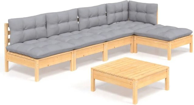 vidaXL 6-tlg Garten-Lounge-Set aus Kiefernholz in Braun mit grauen Polstern und L-Form - Bild 1