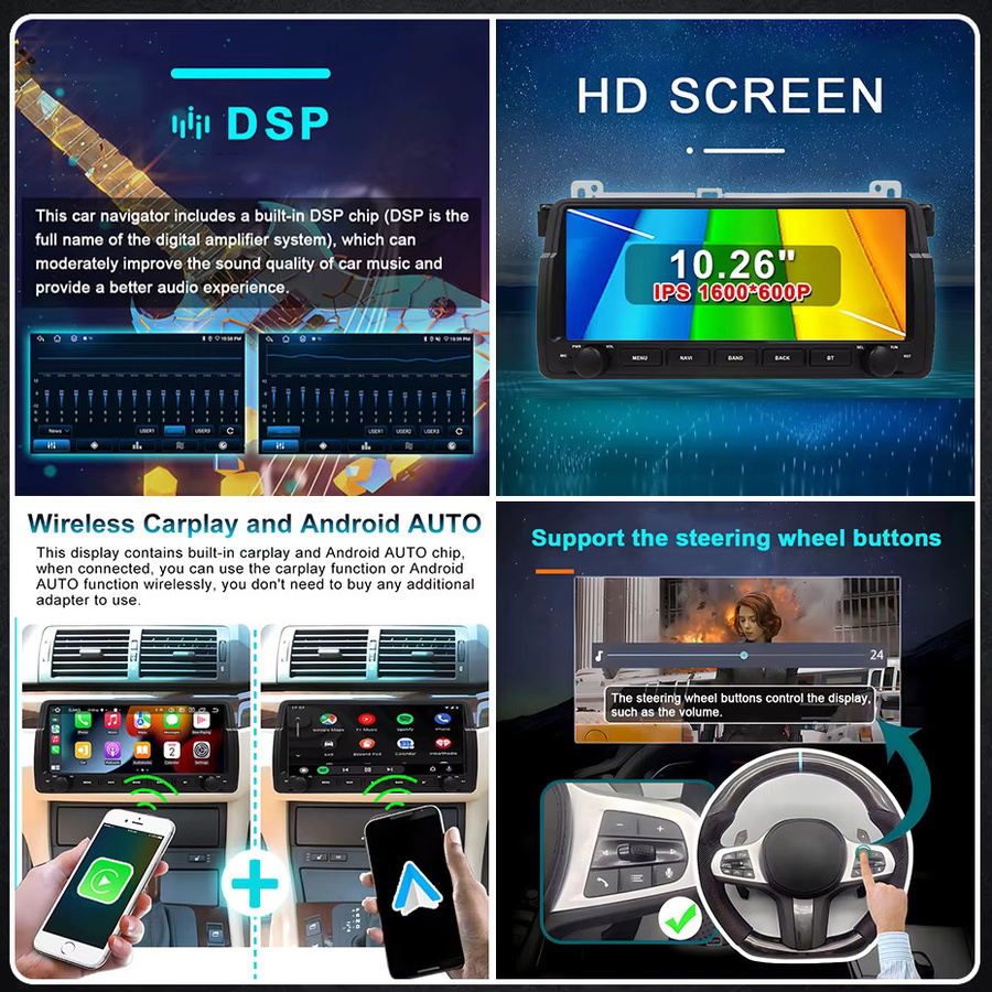 Aycetry Android 15 Autoradio mit 10,26 Zoll Bildschirm, Wireless CarPlay, Bluetooth, GPS, WiFi und 4G für BMW E46 M3, Rover 75 und MG ZT, Schwarz - Bild 4