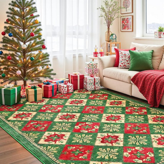 VIKAMA Weihnachtsteppich Patchwork in Multicolour, rutschfest und schmutzabweisend für Wohnzimmer und Schlafzimmer - Bild 1