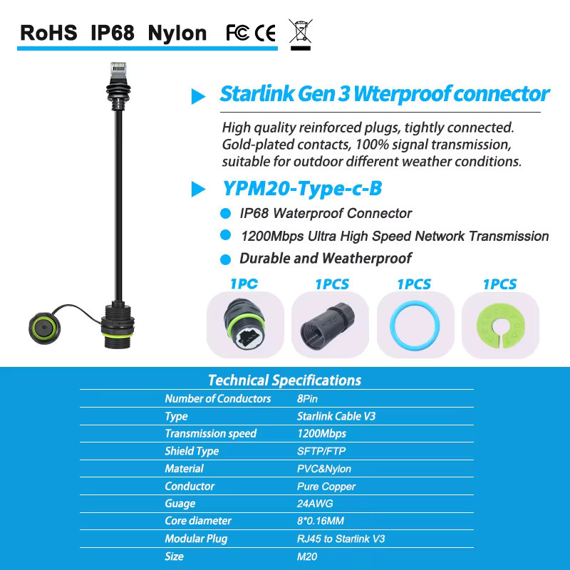 Starlink Ethernet Adapter Gen 3 und Mini RJ45 Kabelverlängerung IP68 wasserdicht Schwarz - Bild 3