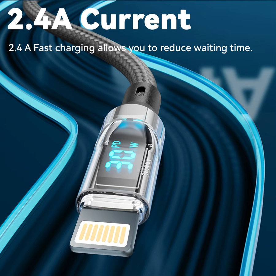OOZCC PD 27W MAX Schnellladekabel mit LCD-Anzeige und transparentem Gehäuse, USB-A auf Lightning für iPhone, Datenübertragung - Bild 6
