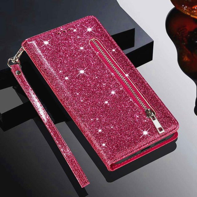 Cacash Wallet Case Glitzer Handyhülle mit Kartenfächern für Samsung Galaxy A20 und A30 in Pink - Bild 1