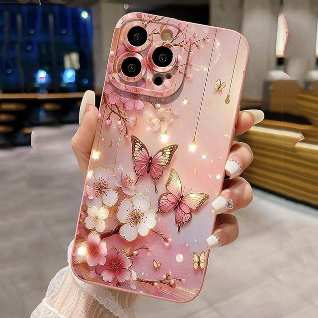 Stoßfeste Handyhülle mit Schmetterlings- und Blumenmuster für Apple iPhone Modelle in Pink, Mattes Cover - Bild 1