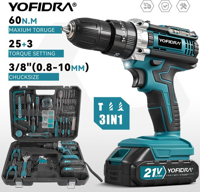 YOFIDRA Kabelloser Elektrischer Schlagbohrer mit 25+3 Drehmomentstufen und 21V Akku kompatibel mit Makita LXT - Bild 1