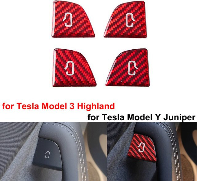 Beworth Carbon Faser Muster Aufkleber für Tesla Modell Y Juniper und Modell 3 2025, Offene Tür Taste Trim Patch Schalter Abdeckung, Rot - Bild 1