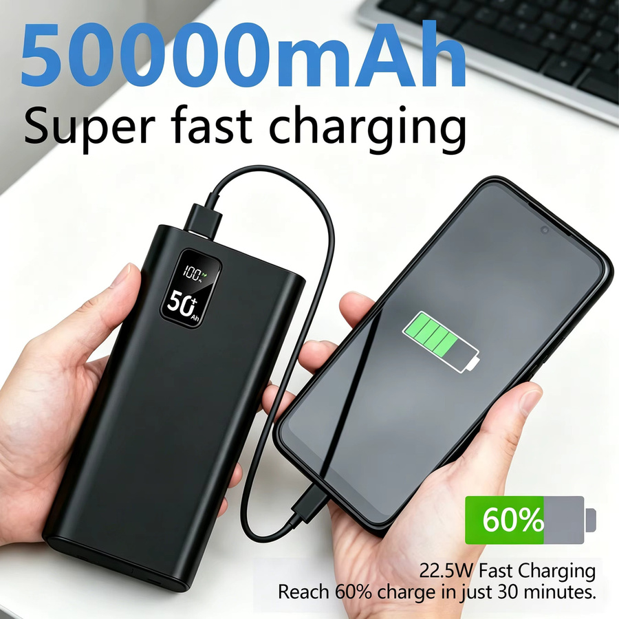 InTessry Powerbank mit 50000 mAh Kapazität, 66 W Schnellladung und LED-Leistungsanzeige, Typ-C, erhältlich in Schwarz oder Weiß - Bild 2