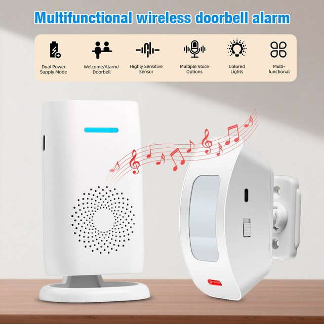KERUI Kabellose Willkommensglocke mit PIR-Bewegungssensor und Alarm, Smart Home Türklingel für Zuhause und Büro, Weiß - Bild 1
