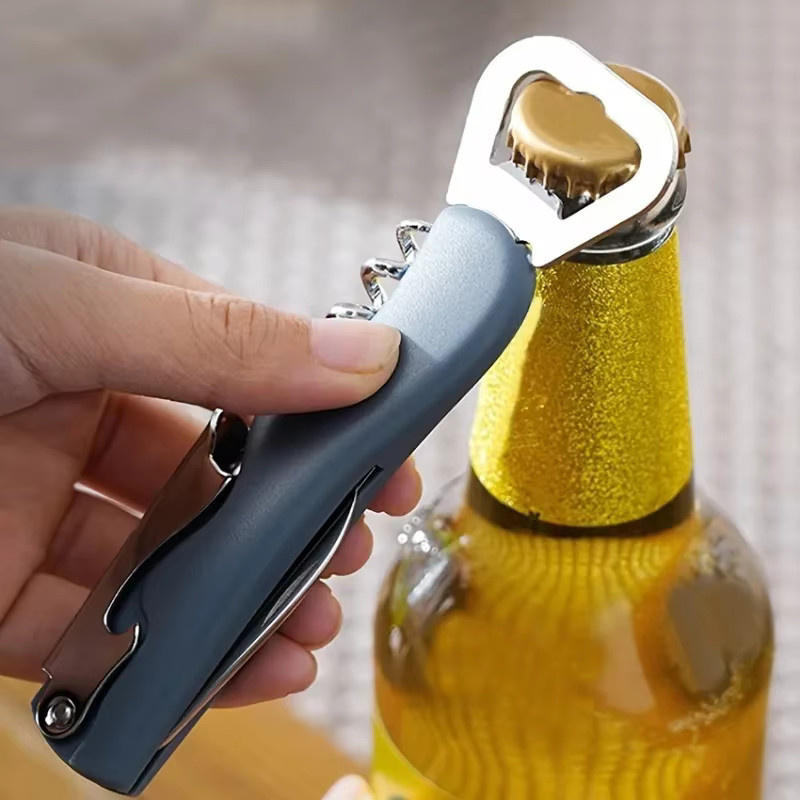 Tragbarer Multi-Flaschenöffner für Bier und Wein aus Kunststoff in Blau und Grau - Bild 1