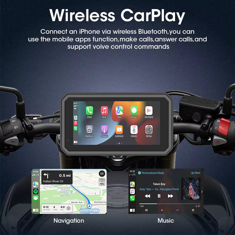 Srnubi Motorrad DVR Navigator mit 6,25 Zoll Display, 4K Frontkamera und 1080P Rückkamera, kabelloses CarPlay und Android Auto mit Moto TPMS, Schwarz - Bild 4