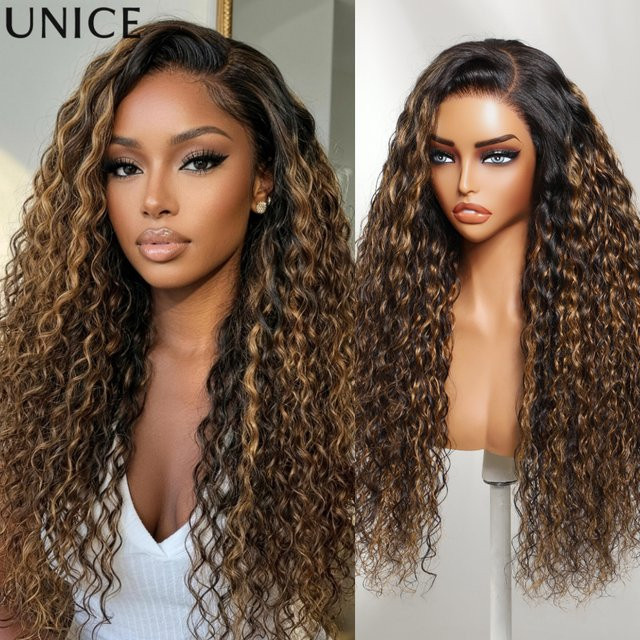 UNice Bye-Bye Slip Spitzen-Balayage-Highlights Wasserwellen-Perücke, Echthaar-Perücke mit Kordelzug - Bild 1