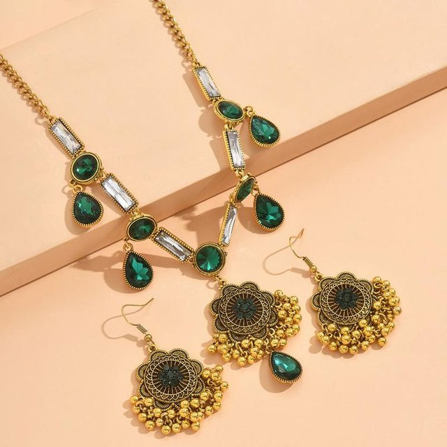 Schmuck-Set Halskette, Ohrringe, Kupfer, grün, Kristall, Damen - Bild 1